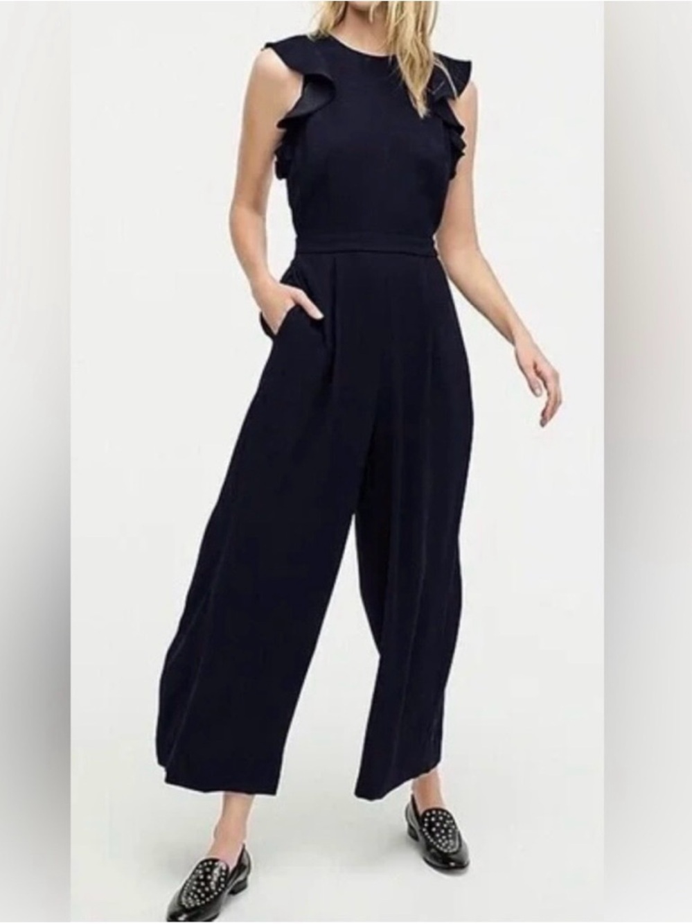 JCrew Navy Crepe Ruffle-Shoulder Jumpsuit